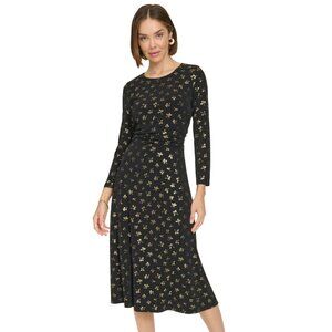 Tommy Hilfiger Women's Printed Ruched-Waist Dress - Black/Gold NWT Size 4
